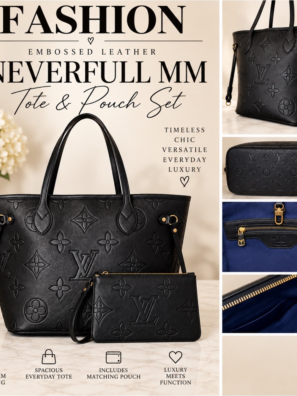 Black Embossed Neverfull MM Style Tote with Matching Pouch